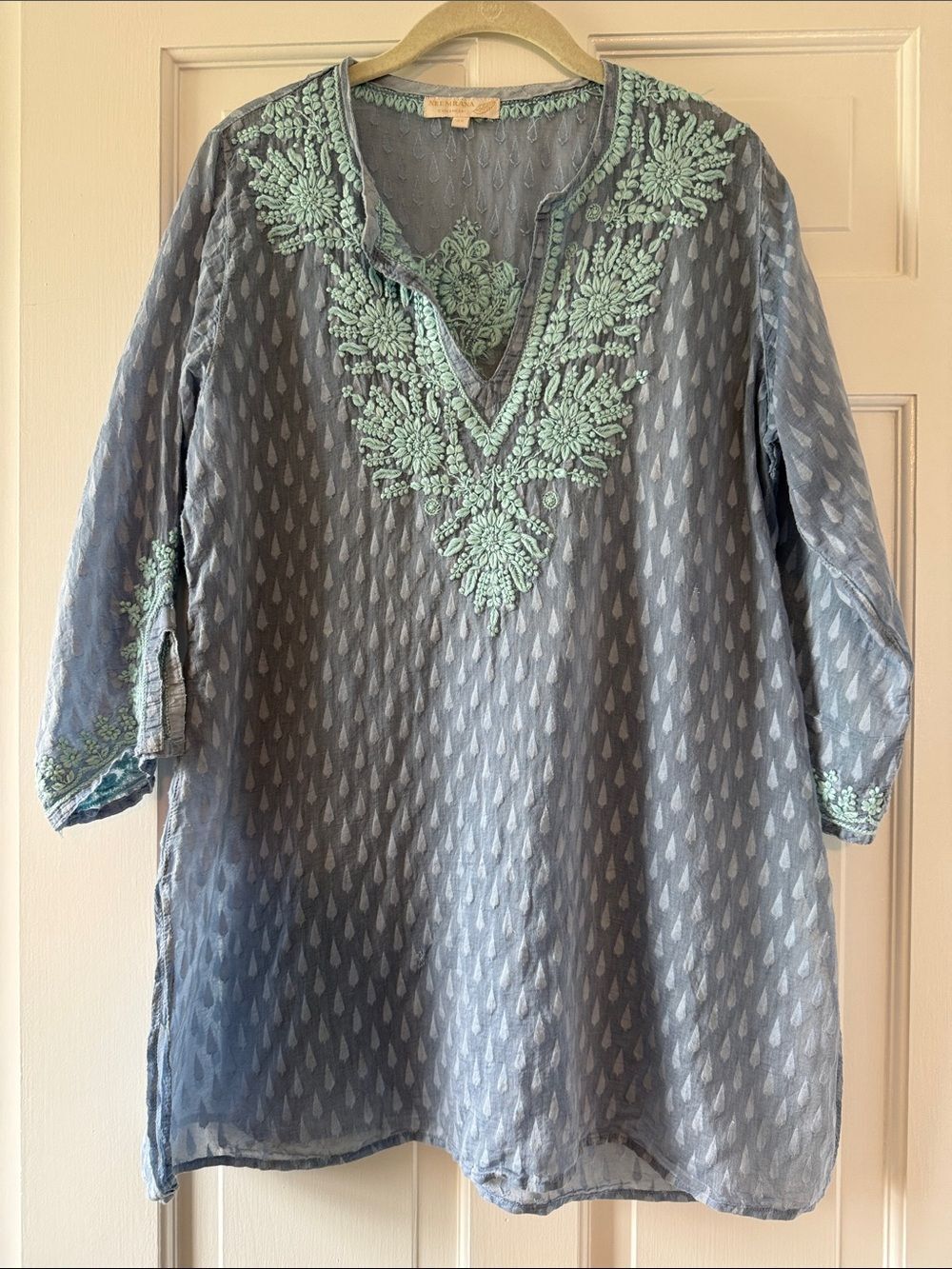 Neemrana Light Blue Embroidered V-Neck Tunic Mint Green Accents 44